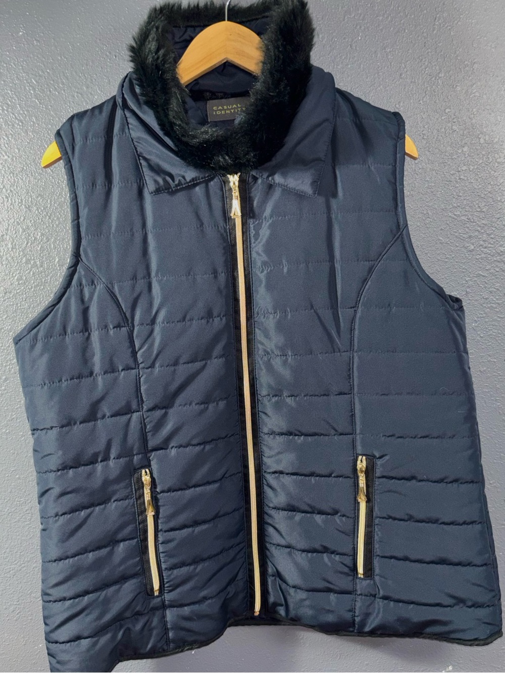 Sharp Navy Quilted Vest with Removable Faux Fur Trim and Gold Zippers